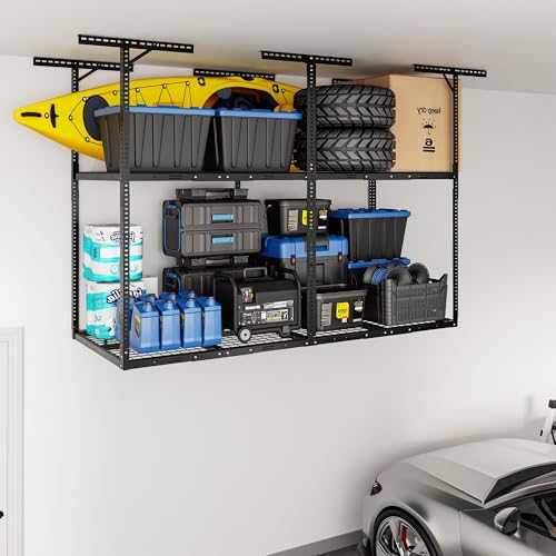 FLEXIMOUNTS 3x5 Double Layer Overhead Garage Storage Rack – Adjustable Heavy Duty Metal Garage Ceiling Storage Racks, 1000 lbs Capacity – Garages Organization System