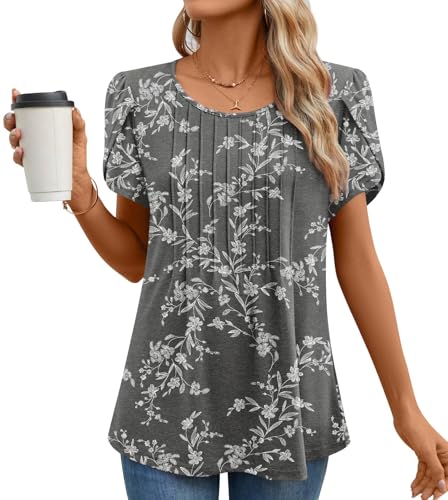 Anyhold Women's Summer Casual Tunic Tops Loose Fit Dressy Short Sleeve