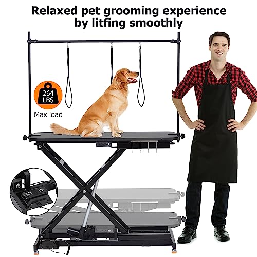 47" Electric Dog Grooming Table, Heavy Duty, Height Adjustable Professional Pet Grooming Table w/Leveling Wheels, Dog Grooming Arm, Anti Slip Tabletop & Tool Organizer/Dog Grooming Station, Black