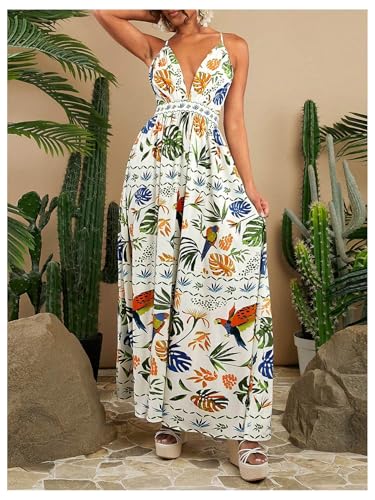 Image of SHENHE Women's Summer Tropical Sundress Deep V Neck Criss Cross Backless Flowy Maxi Dress