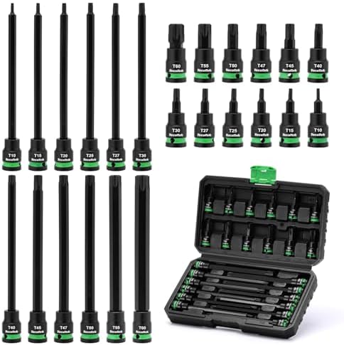 TecoTek 3/8" Drive Extra Long and Standard Torx Bit Socket Set, S2 Alloy Steel Star Bit Sockets, 24PCS Torx Bit Set, T10-T60, 2" & 6" Long