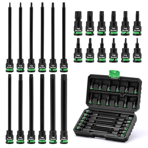 TecoTek 3/8 Drive Impact Torx Bit Socket Set Extra Long Torx Socket S2 Alloy Steel Star Bit Sockets 24PCS Star Bit Set T10-T60 2in & 6in Long CR-V & S2 Alloy Steel Set Enhanced Storage Case