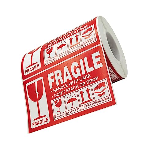 HOMSFOU 1 Roll Warning Fragile Stickers of Handle with Care Labels for Shipping Moving Adhesive Stickers Eye Catching Caution Labels for Package Handling