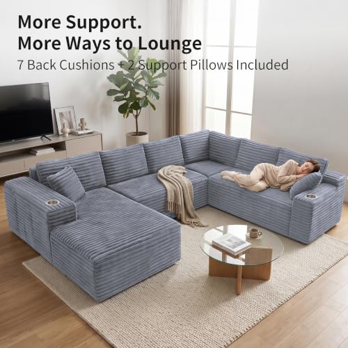 Image of 122 inch Oversized Cloud Sectional Couch for Living Room, 7 Seater U Shaped Sofa Modular Boneless Couch with Chaise | Deep Seater | Cup Holder | Side Pocket | No Assembly | Plus Corduroy, Light Gray