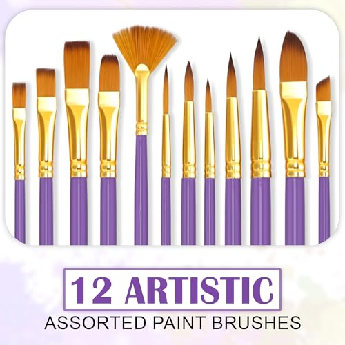 Image of GLUN Premium Paint Brushes 12 Different Professional Drawing Paint Brush Set Purple Colour, Wide to Fine Tip, Nylon Hair Artist Paintbrushes