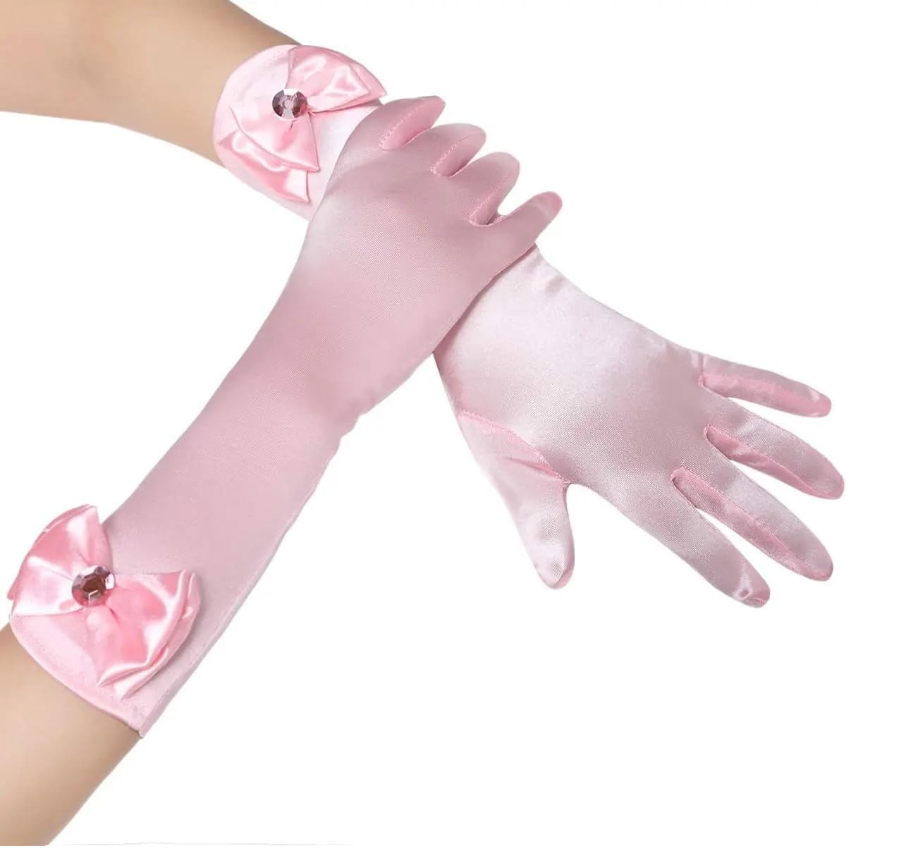 TASMAI MARKETING Girls Satin Gloves with Bow and Pearl Embelishment, Girls Party Accessories, 4Years -14Years, Multi-Color (Pink, Small(4-14 Years)) 2