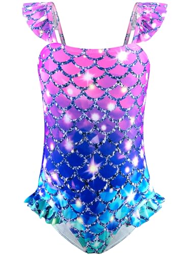 Image of DAXIANG Girls One Piece Ruffle Strap Swimsuit Quick Dry Mermaid Swimwear Beach Sport Bathing Suit for Toddler Kids 4-11 Years