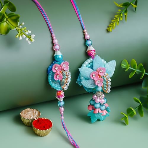 Image of Bhai Bhabhi Rakhi Set - Peacock Designer Rakhi with Stone & Pearl Work Lumba with Tassel for Bhabhi | Raksha Bandhan Gift