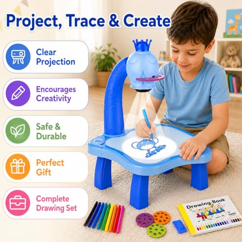 Image of Braintastic Kids Projector Drawing Table with Light & Music | Educational Art & Tracing Toy with Patterns and Color Pens | for 3+ Years Boys & Girls (Blue)