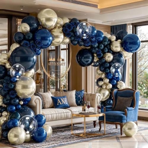 Image of Royal Blue Gold Balloon Arch Double Stuffed Latex Bobo Pearl Gold Balloon Garland Navy Ruby Blue Balloons for Birthday Baby Shower Graduation Wedding Prom Business Opening Party Decor