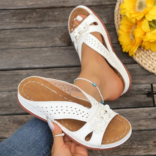 Sandals for Women Dressy Flower Slippers Open Toe Orthotic Sandals Casual Slides Non Slip Summer Low Wedges4