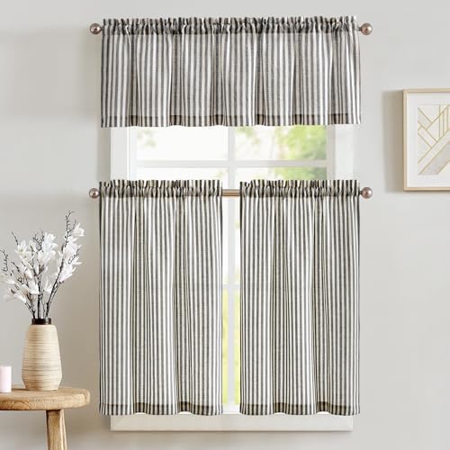 JINCHAN jinchan Linen Valance Striped Curtain 16 Inch and 36 Inch Striped Kitchen Curtain for Living Room Bathroom Farmhouse Kitchen Valance Charcoal Grey on Beige