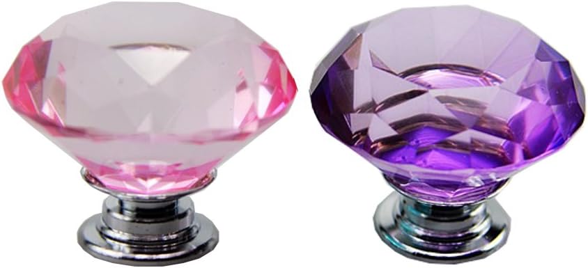8 pcs 40MM Glass Cabinet Knob, Elegant Diamond Shape Crystal Handle for Cupboard Bin Closet (Pink Purple)