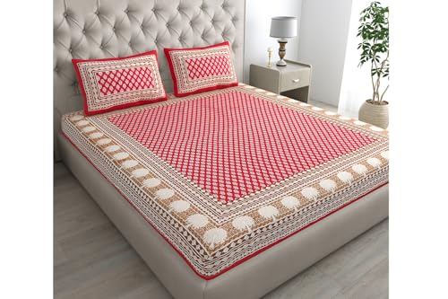 Image of Monique Brand Present 100% Pure Cotton 144 TC Jaipuri Printed King Size Bedsheet for Double Bed Red Color Bedsheet with 2 Pillow Cover (Bedsheet -Red)