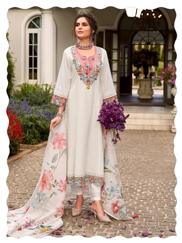 Image of INDO ERA Women's Anarkali Pure Cotton Floral Printed Embroidered Kurta & Pant with Dupatta Set (IEOUT10688)