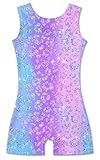 Funnycokid Leotardos de gimnasia para niñas con pantalones cortos brillantes para danza de 2 a 10 años, Leopardo diamante morado, 7-8 años