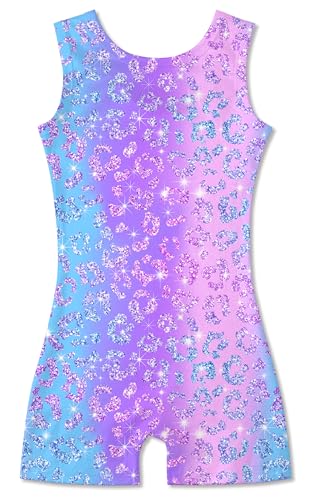 Funnycokid Gymnastics Leotards for Girls Kids Outfits Sparkly Unitards Clothes with Shorts, Leopard Diamond Purple, 6-7 Years
