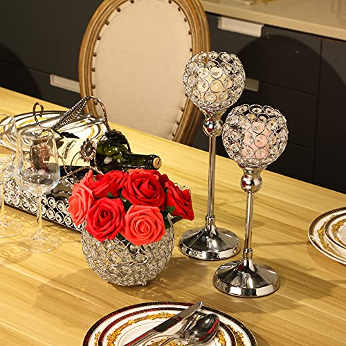 4 Packs Crystal Candle Holders Centerpieces Table Decorations, Crystal Tea Lights Candelabras, Centerpiece Table Mirror Tray, For Vase Decoration, Wedding Centerpieces Tables Decoration (Silver) #TOP6