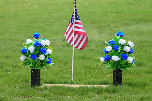 LVXINLI 2 Sets Artificial Cemetery Flowers,Memorial Flowers,Beautiful Arrangements for Headstones,Black Plastic vase with Drainage Hole Long Spikes Outdoor Memorials(Dark Blue)…