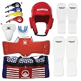 Martial Arts Taekwondo Sparring Gear Equipment Set Headgear Cloth Shin Instep Arm Chest Mouthguard Bag (Red)