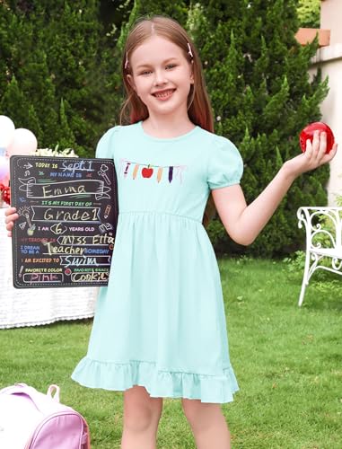 IMEKIS Toddler Kids Girls Back to School Dress Short Sleeve Embroidered Apple Pencil Kindergarten Outfit 3-8T3