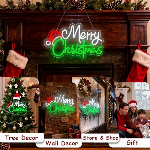 Image of Merry Christmas Home Decor Santa Hat Neon Sign Led Neon Christmas Lights Ornaments Tree Decorations Outdoor Neon Signs for Wall Decor USB Powered Led Neon Signs for Room Decoration