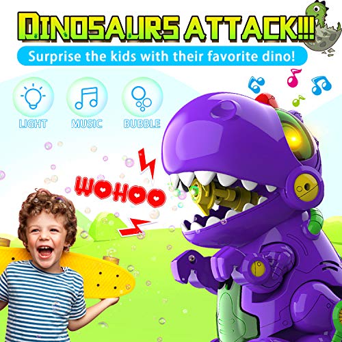 WisToyz Bubble Machine Dinosaur Bubble Blower, Walk & Stay Still Two Settings, Music & Light, Bump N Go Feature, Toddler Toys Bubble Machine for Kids, Two Bottles of Bubble Solution & Screwdriver