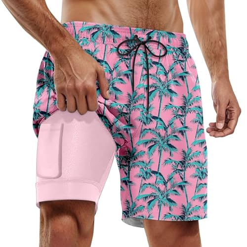 Mens Swim Trunks with Compression Liner 2 in 1 Stretch Beach Swimming Shorts 7 Inch Inseam Swimsuits with Pockets
