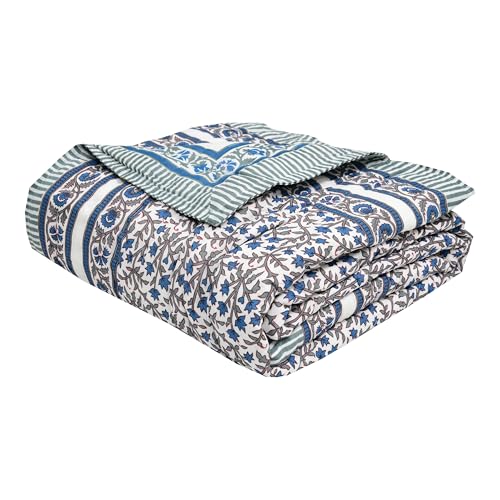 Image of BLOCKS OF INDIA Cotton Single Size Quilt Hand Block Print for Light Winters (60x90 Inches) (Blue Grey JAAL)-300 TC
