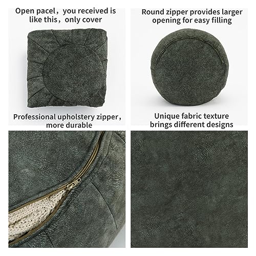 C COMFORTLAND Unstuffed Faux Leather Ottoman Pouf, Round Foot Rest Poof Ottomans, Floor Foot Stool Poufs, Bean Bag Cover with Storage for Living Room, Bedroom, Grey (No Filler)