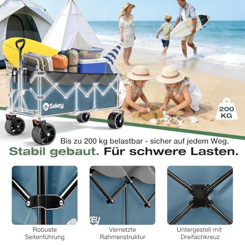 Sekey XXXL Bollerwagen Faltbar 300L 200KG Belastbar, verlängerter Faltbollerwagen mit Extra Breite 17x10 cm All-Terrain-Räder Handwagen, Patentiert 4-Wege-Sofortaufbau Transportwagen, Blau mit Grau