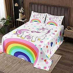 Juego de cubrecama de unicornio para niñas, diseño de unicornio arcoíris, de dibujos animados, colcha acolchada de unicornio rosa, colcha acolchada de unicornio mágico, hada, caballo de ensueño, deco