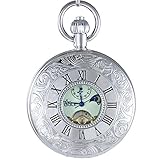 OGLE Waterproof Roman Tourbillon Phases Moon Chain Fob Skeleton Automatic Mechanical Pocket Watch (Silver Case&Luminous dial)