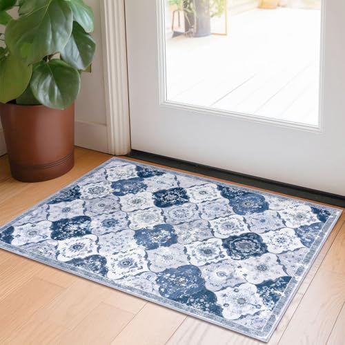 KILOCOCO 2x3 Small Area Rug, Moroccan Super Soft Entryway Rugs Indoor Vintage Washable Rug Non-Slip Indoor Door Mat, Accent Print Faux Wool Throw Rug for Kitchen Bedroom Entrance, Blue/Grey/Multi