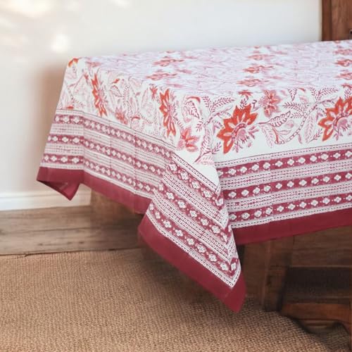 Hermoso mantel rectangular de lona de algodón estampado a mano, mantel de comedor (60 x 90 pulgadas)