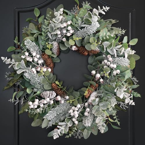 Winter Wreaths for Door Outside, Soomeir Large Size Winter White Wreath with Berries, Pinecones and Snowflakes, for Home Wall Window Porch Indoor Outdoor