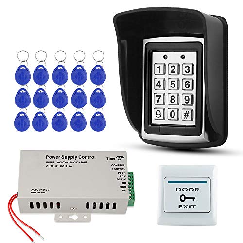 FST Kit de Sistema de Control de Acceso Impermeable al Aire Libre Teclado RFID Metal + Fuente de Alimentación DC12V + Tarjetas de Llave EM4100 de 15 Piezas (Sin Cerradura)