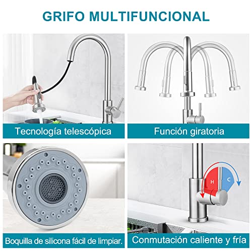 Grifos-Cocina-Fregadero-Rotacion-de-360-Extraible-60-cm-Grifo-Cocina-2-Modos-de-Rociado-2-Controles-de-Temperatura-Del-Agua-con-Dispensador-de-Jabon-Plata