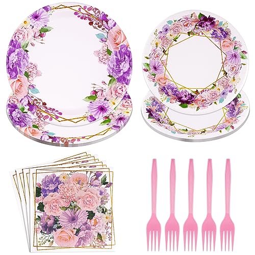 Grencian 96Pcs Pink Floral Party supplies Floral Paper Plates Napkins Forks, Garden Party Decorations for Girls Floral Birthday Party, Garden Theme Party, Tea Party, Serves 24