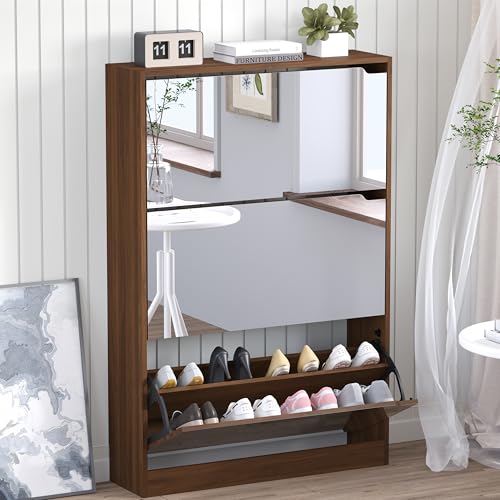 Image of BORNOON Shoe Cabinet with 3-Flip Mirror Drawers, Freestanding Shoe Rack Organizer with Hidden Handle, Slim Narrow Shoe Storage Cabinet for Entryway, Entrance, Hallway, Bedroom
