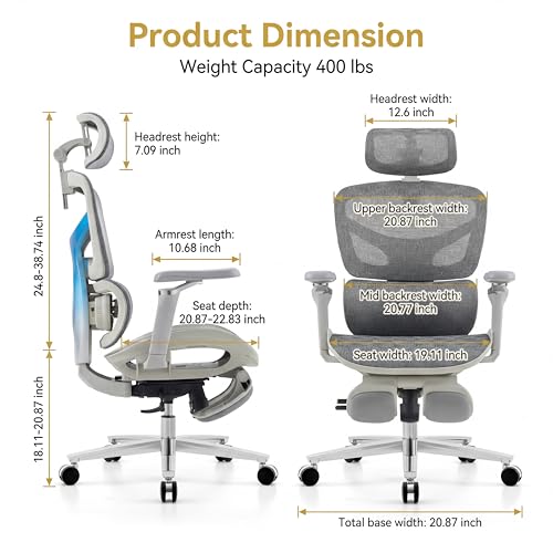 Image of Ergonomic Office Chair with Footrest & Massage Lumbar Support - Adjustable Seat Depth & Back Height Reclining Big and Tall 400LBS Mesh Chair, 4D Headrest & 6D Armrests, for Home Office /Gaming(Gray)