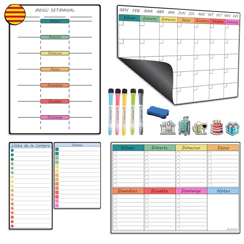 En Catalá - Pizarra Nevera Magnética - Set de 5 Piezas con Calendario Magnético Nevera, Menú Semanal, Lista de Notas y Compras - Organizador Semanal con 6 Bolígrafos y Borrador