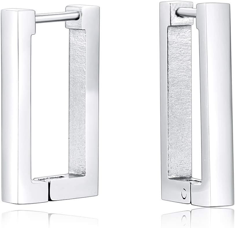 Mens Womens Open Rectangle Huggie Hinged Hoop Earrings, Stainless Steel Hoop Earrings, Minimalist, Cool Unique - Image 2