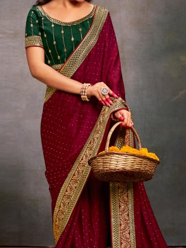Image of AKHILAM Women's Pink Satin Silk Embroidered Saree with Unstitched Blouse Piece (SANCHI3001 SUM Parent)