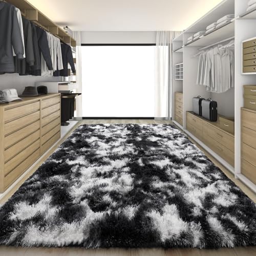 KING DARE 8x10 Black and White Area Rugs, Soft Plush Shaggy Fuzzy Furry Large Rug for Living Room, Anti-Slip Washable Modern Big Floor Carpet for Bedroom Home Decor Aesthetic