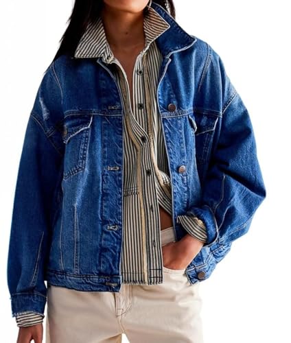 LifeShe Women's Oversized Denim Jacket Boyfriend Ripped Distressed Jean Jackets Casual Long Sleeve Trucker Coat
