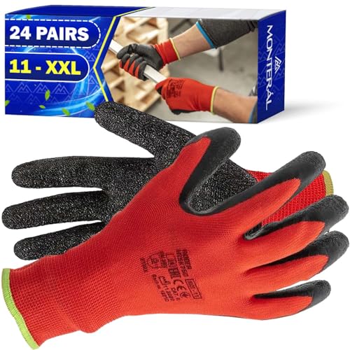 MONTERAL 24 Paires Gants de Travail Taille 11 XXL Protection Cat II Recouverts de Latex Anti-Slip - Gant de Travail Homme et Femme Utilisés pour Jardinage...