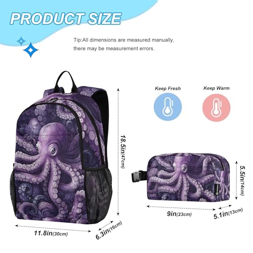 Purple Octopus Backpack with Lunch Bag for Boys Girls, Travel School Backpack Set2