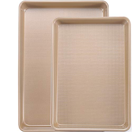Cookie Sheet Baking Pan Set, Professional Baking Sheet for oven Nonstick, 2 Piece Bakeware Set, 9x13in,10x15in, Textured, Gold