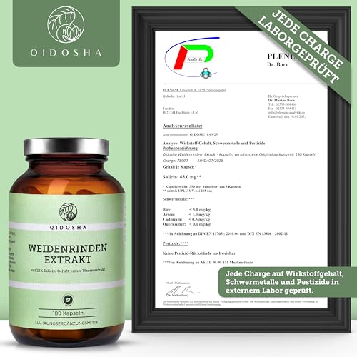 QIDOSHA® Weidenrindenextrakt mit 25% Salicin, 180 Kapseln im Apothekerglas, Wirkstoff-Gehalt in externem Labor testiert, 250mg je Kapsel, deutsche Fertigung